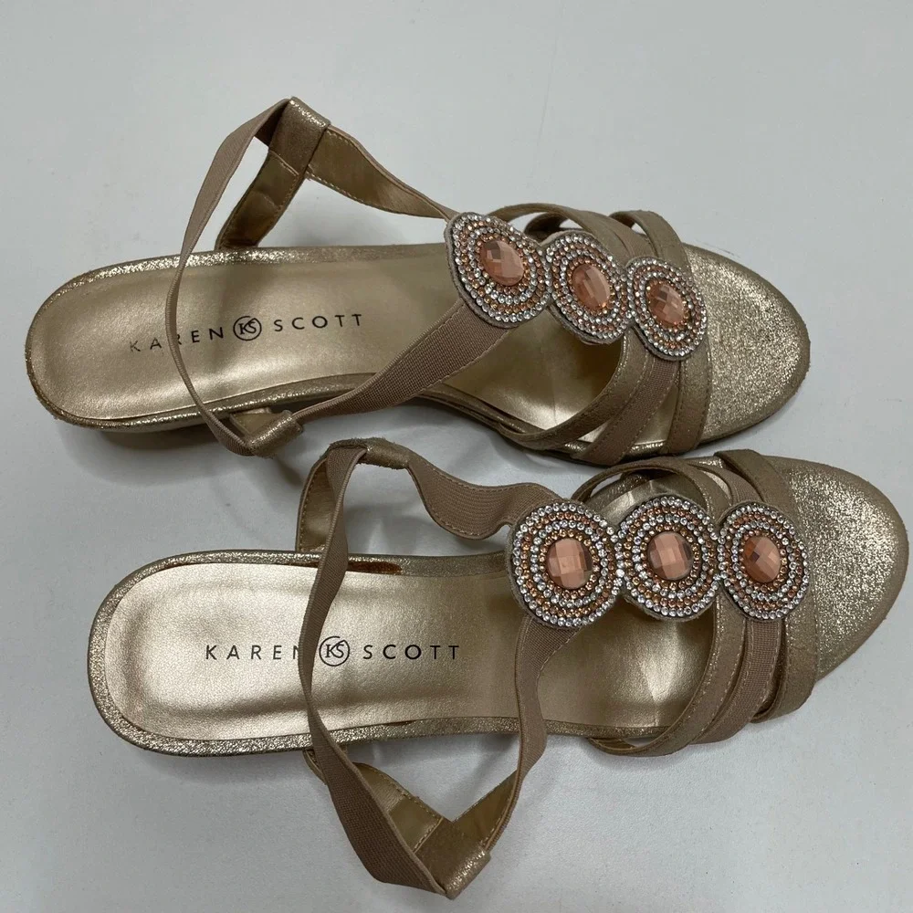 Karen Scott‎ Casha Gold Metallic Jeweled Wedge Sandals Dress 8.5M Elastic Straps